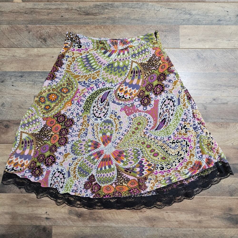 DIMRI Boho‎ Paisley Floral Skirt M Multicolor Lace Hem India Made
